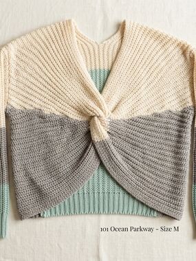 Off-the-Shoulder Colorblock Twist Knit Sweater - Cream, Gray & Mint